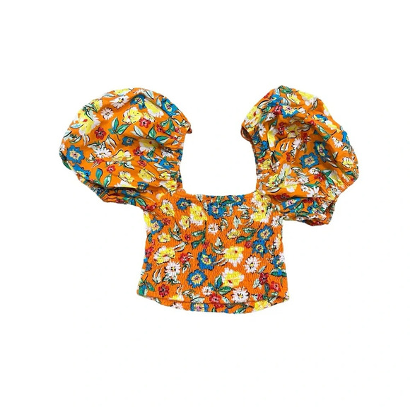 Zara Orange Floral  Print Puff Sleeve Flounce Crop Top Size Small - Picture 3 of 7